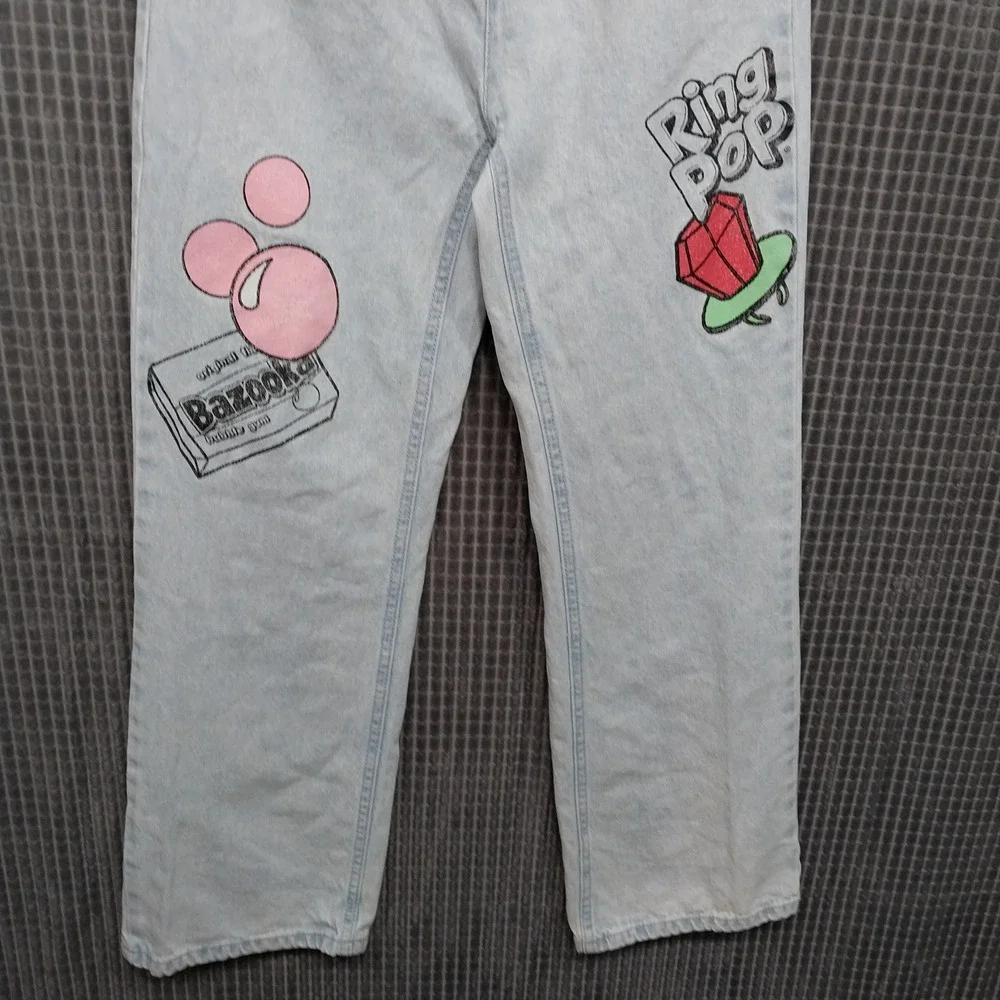 Justice Baggy Jeans Girls Bazooka Ring Pop Graphic Light Wash 12 Blue Y2K
